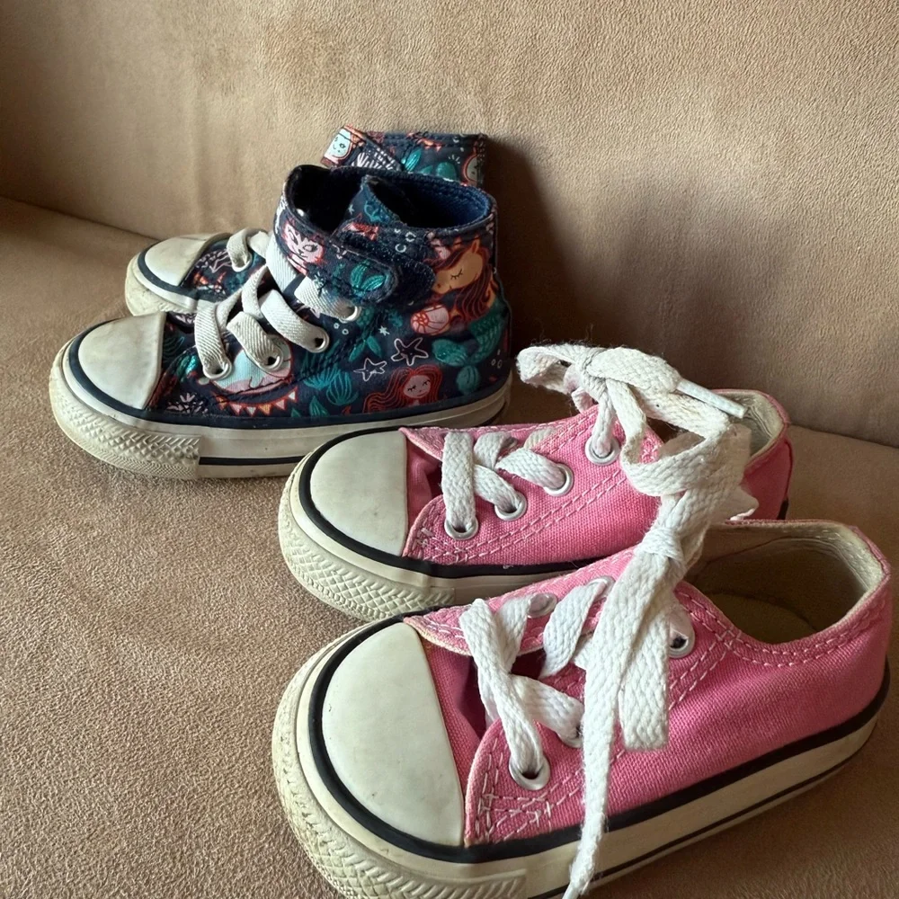 Converse 2 Pair Girls All Star Shoes Pink Size 4 and Mermaid Size 5 High Tops